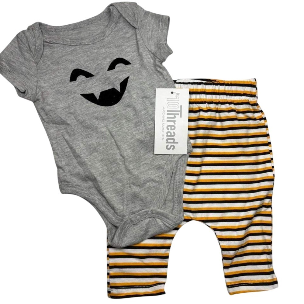 10Threads‎ Halloween 3-6 Baby Outfit Set Onesie Striped Pants Unisex Pumpkin NWT